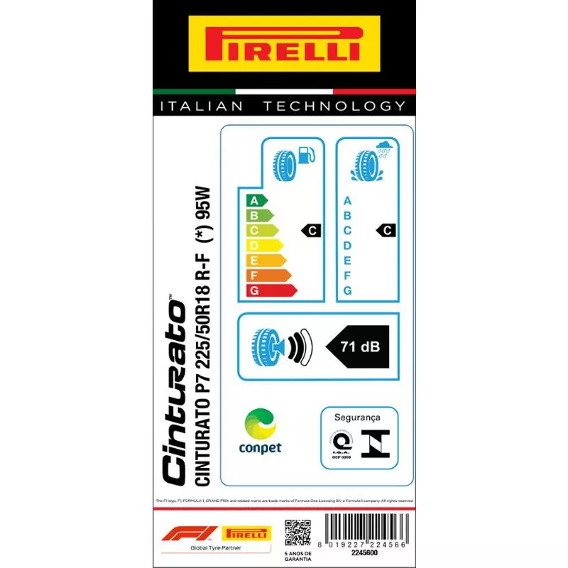 Pneu 225/50R18 Cinturato P7 95W Run Flat Aro 18 Pirelli