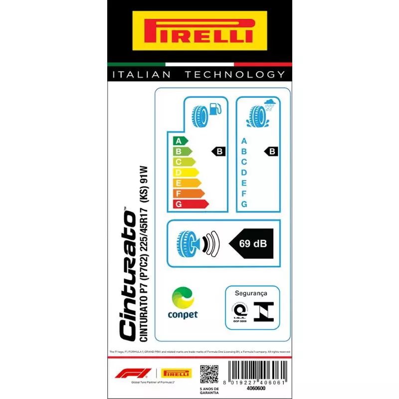Pneu 225/45R17 Cinturato P7 (P7C2) (Ks) 91W Aro 17 Pirelli